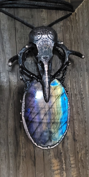 Raven Skull on Large Labradorite necklace is 2.5in x 4in
