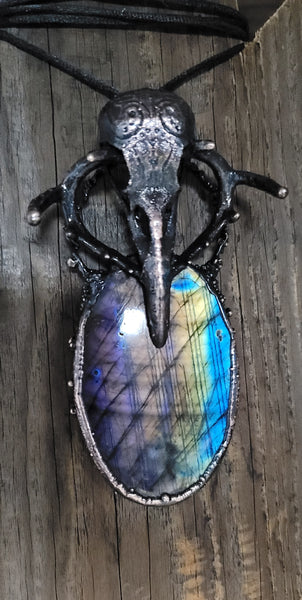 Raven Skull On Large Labradorite Necklace Is 2.5in X 4in from First Density Material - high-quality default