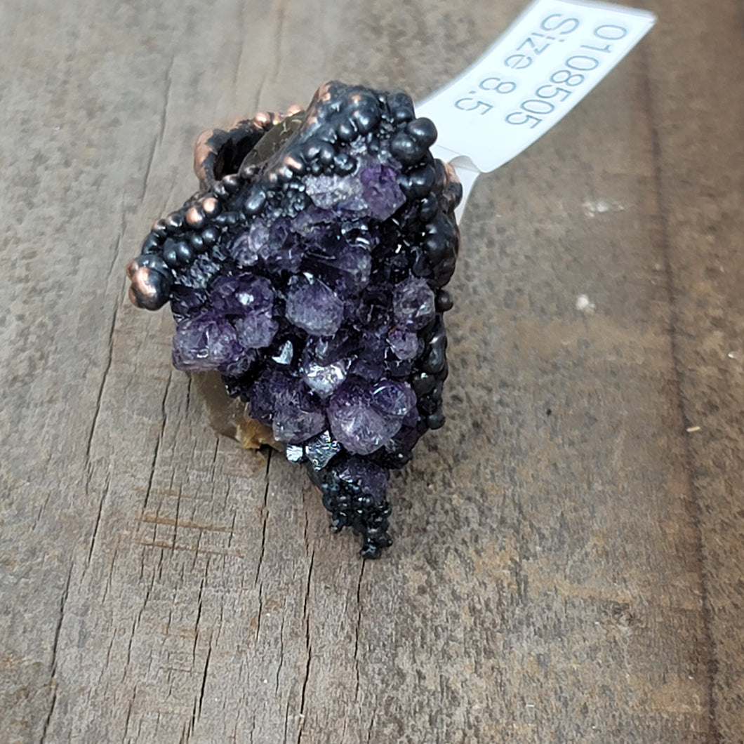 (Copper Ring Amethyst cluster 003 size 8.5